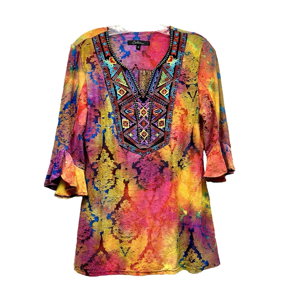 Calessa Women's Small V-Neck Cotton Multicolor Tie Dye Tunic Top (F8)
